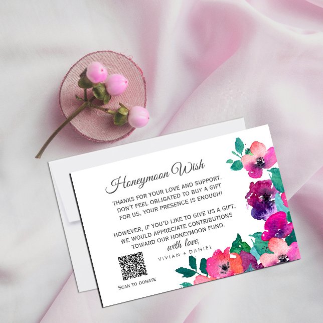 Bold Colourful Florals wishing Enclosure Card (Bold Colorful Florals wishing Enclosure Card #watercolorflowers #boldcolor #purple #hotpink )