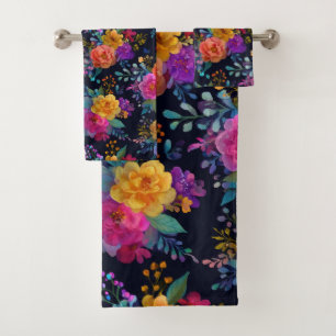 Bold Colourful Flowers on Black Vintage Floral Bath Towel Set