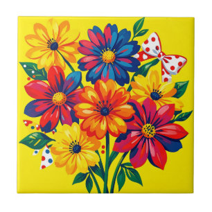  Bold Colourful Flowers Pop Art Bouquet Polka Dot  Ceramic Tile