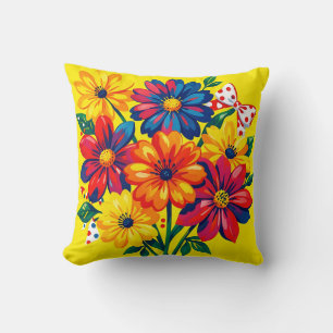 Bold Colourful Flowers Pop Art Bouquet Polka Dot Cushion