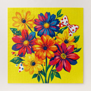 Bold Colourful Flowers Pop Art Bouquet Polka Dot Jigsaw Puzzle