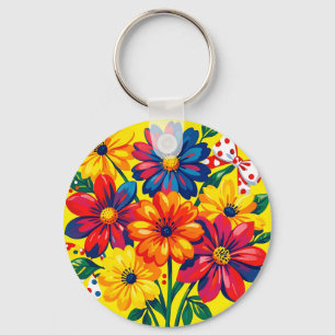 Bold Colourful Flowers Pop Art Bouquet Polka Dot Key Ring