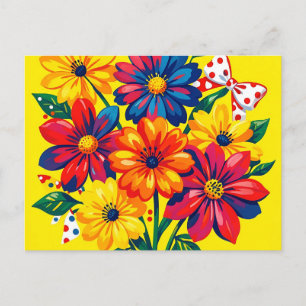Bold Colourful Flowers Pop Art Bouquet Polka Dot Postcard