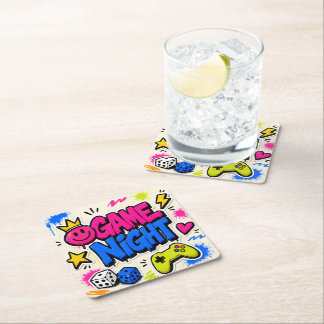 Bold Colourful Graffiti Game Night Good Vibes Square Paper Coaster