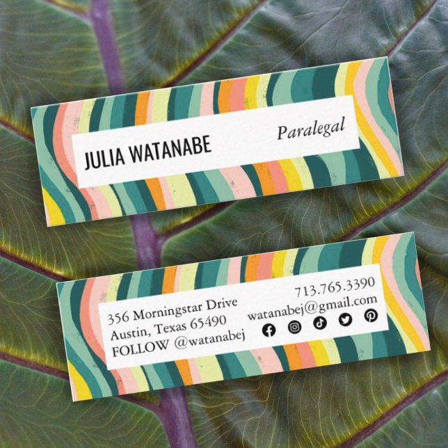 Bold Colourful Handmade Stripes w Social Icons Mini Business Card (Creator Uploaded)