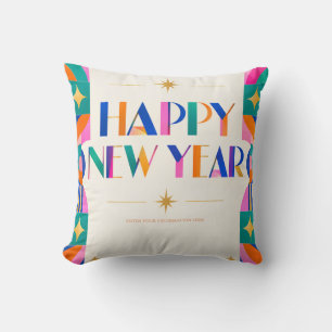 Bold Colourful Happy New Year Greeting Cushion