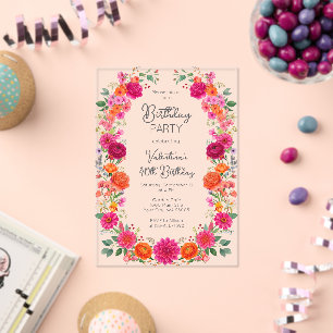 Bold Colourful Pink & Orange Floral Garden Birthda Acrylic Invitations