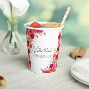 Bold Colourful Pink & Orange Floral Garden Birthda Paper Cups