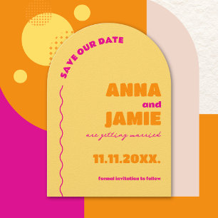 Bold Colourful Retro Arch Wedding Save the Date Invitation