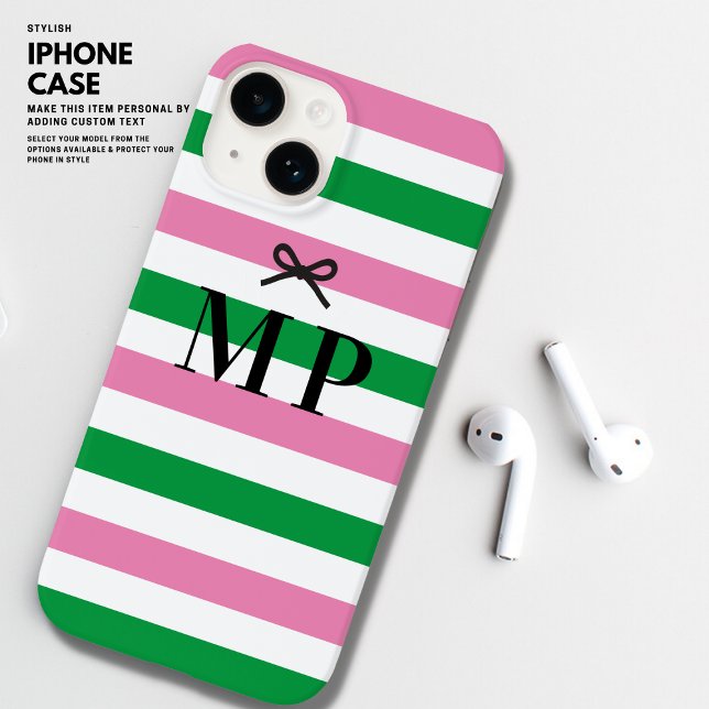 Bold Colourful Simple Pink and Green Bow Monogram Case-Mate iPhone Case (Creator Uploaded)