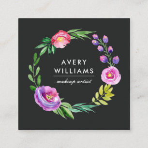 Bold Colourful Watercolor Floral Wreath   Black Square Business Card