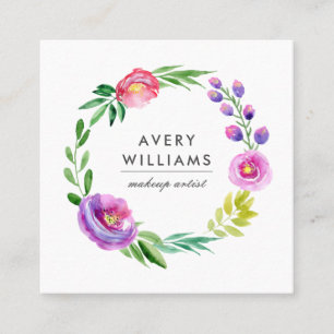 Bold Colourful Watercolor Floral Wreath   White Square Business Card