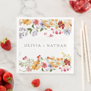 Bold Colourful Watercolor Wildflowers Wedding Napkin