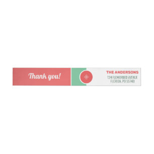 Bold colours coral pink, green mint family/company wrap around label