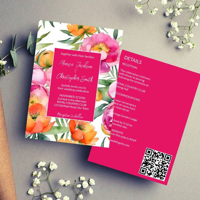 Bold colours pink orange peonies all in one weddin invitation (Bold colors pink orange peonies all in one wedding invitation template digital download QR RSVP)