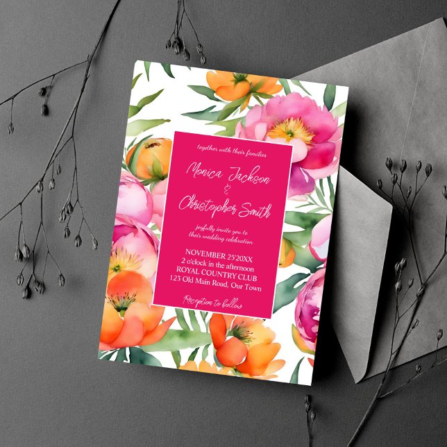Bold colours pink orange peonies elegant wedding invitation (Bold colors pink orange peonies elegant summer wedding editable template invitation digital download)