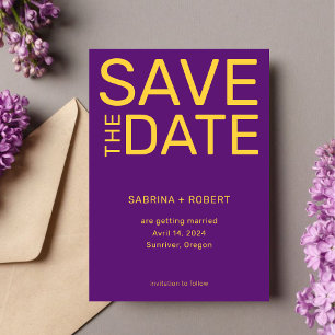 Bold Colours & Typograph Purple & Yellow Wedding Save The Date