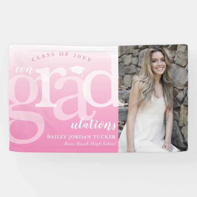 Bold ConGRADulations Pink Ombre Photo Graduation Banner (Horizontal)