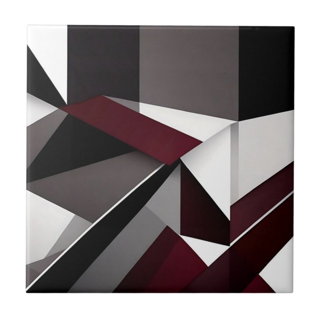 Bold Contrast Black White And Burgundy Marble Ceramic Tile (Front)