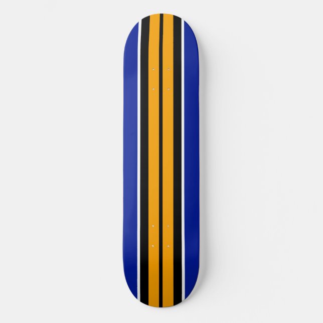 Bold Cool Yellow Black Royal Blue Racing Stripes Skateboard (Front)