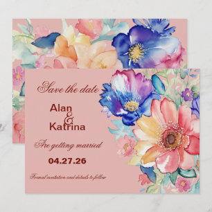 Bold Coral Pink Floral Save the Date Card