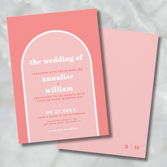 Bold Coral Pink Retro Summer Wedding Invitation (Bold Coral Pink Retro Summer Wedding Invitation)