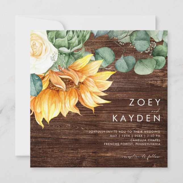 Bold Country Sunflower bouquet Wood Square Wedding Invitation (Front)