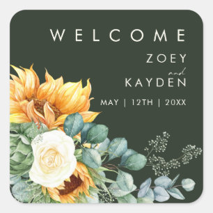 Bold Country Sunflower Dark Green Wedding Welcome Square Sticker