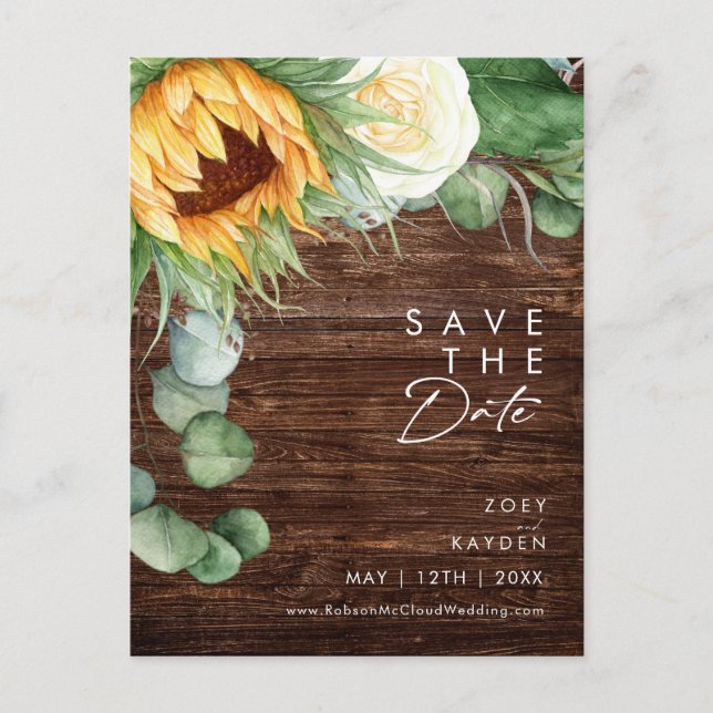 Bold Country Sunflower Script | Wood Save The Date Invitation Postcard (Front)