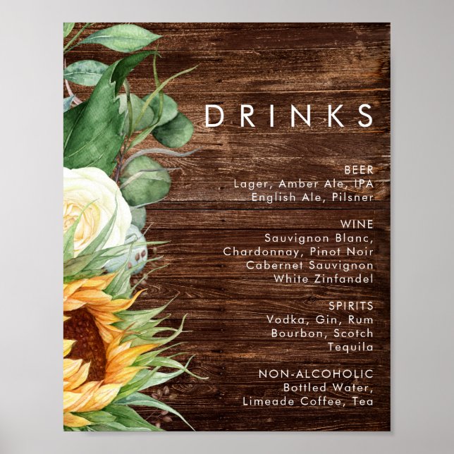 Bold Country Sunflower | Wood Wedding Drinks Poster (Front)