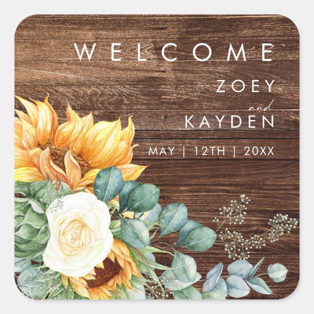 Bold Country Sunflower | Wood Wedding Welcome Square Sticker (Front)