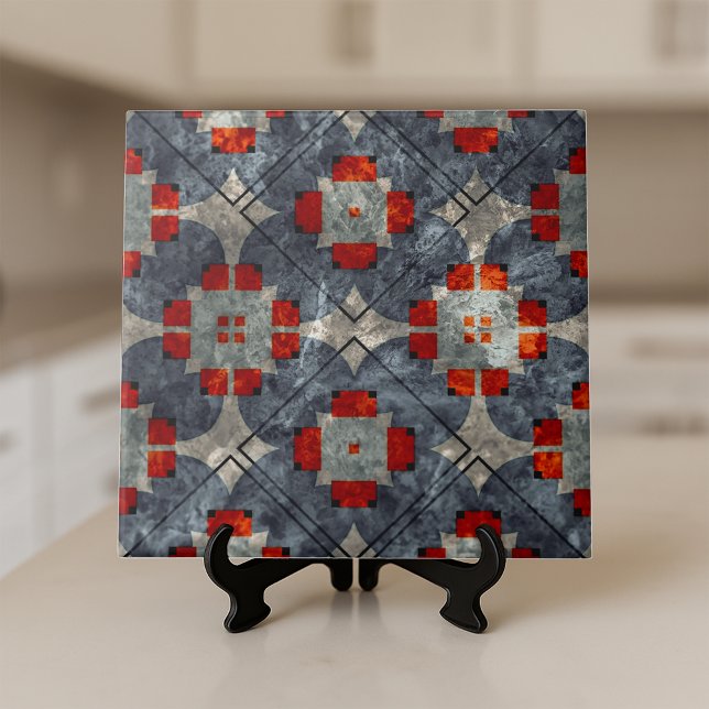 Bold Crimson Red and Blue Abstract Mid-Century Ceramic Tile (Creator Uploaded)