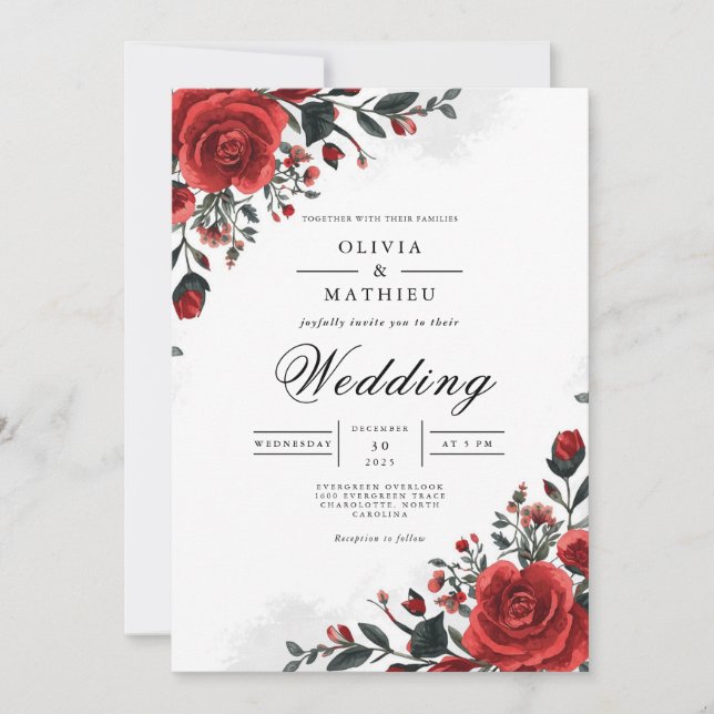 Bold Crimson Rose Botanical Wedding Invitation (Front)