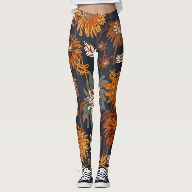 Bold Dahlia Chrysanthemum Chinese Pattern Leggings (Front)