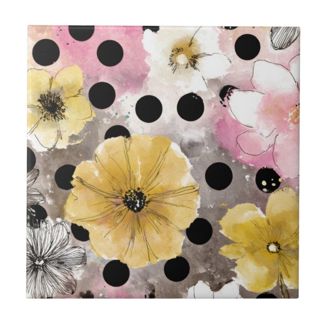 Bold Daisy Pattern with Pink Yellow Flowers Ceramic Tile (Front)