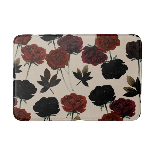 Bold Dark Floral Red & Black Beige Botanical Bath Mat (Front)
