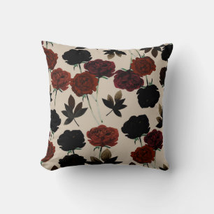 Bold Dark Floral Red & Black Beige Botanical Cushion