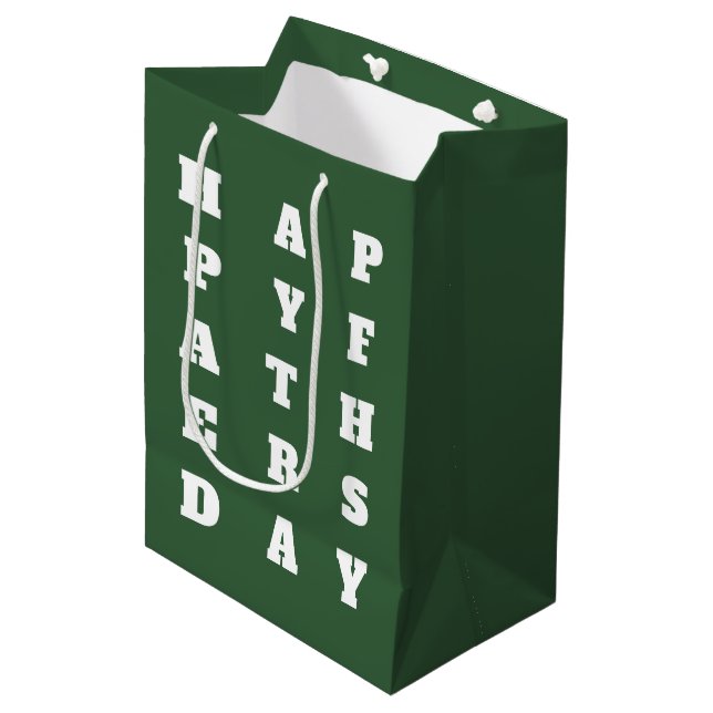 Bold Dark Green White Typography Happy Fathers Day Medium Gift Bag (Front Angled)