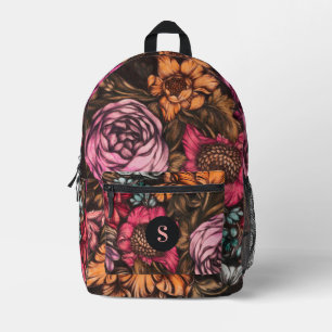 Bold Dark Vintage Florals Magenta Monogram Printed Backpack