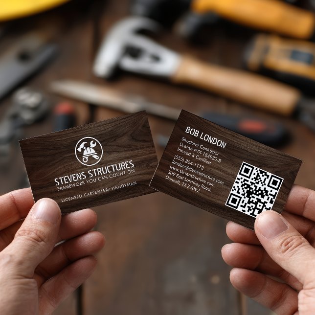 Bold Dark Wood Construction QR Code Contractor Business Card (Bold Dark Wood Construction QR Code Contractor Business Card)