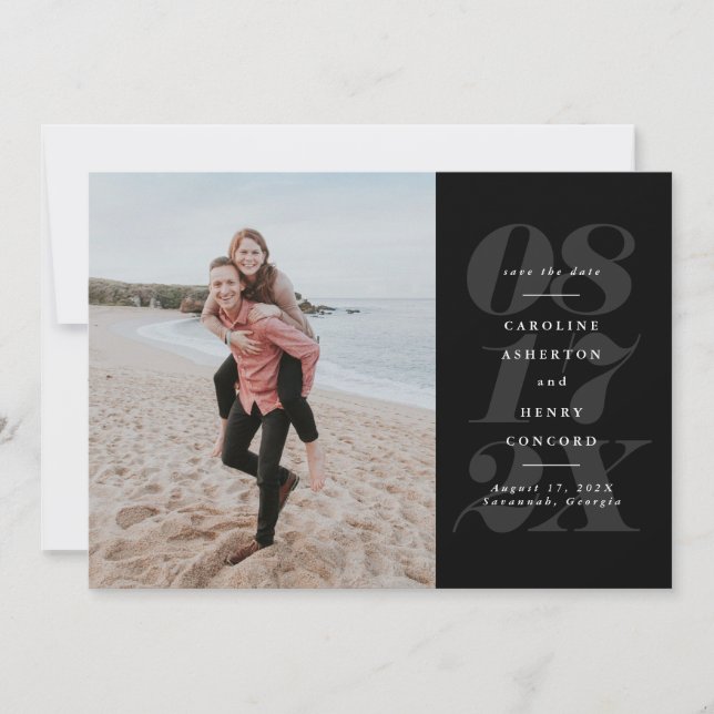 Bold date black and white photo save the date (Front)