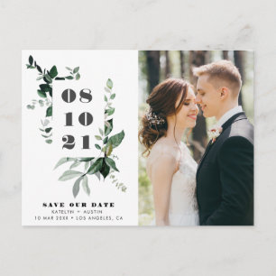 Bold date greenery frame lettering wedding postcard