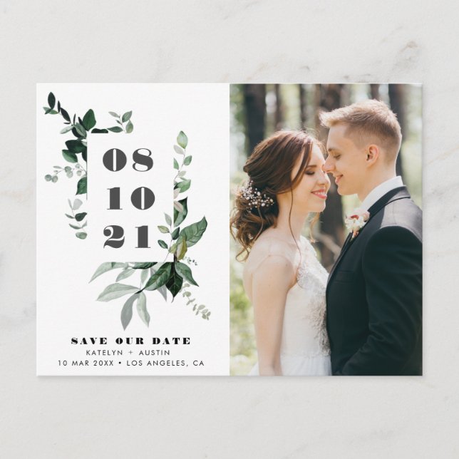 Bold date greenery frame lettering wedding postcard (Front)