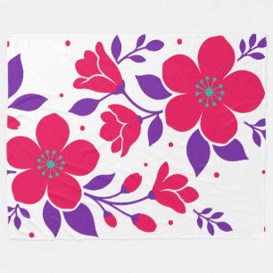 Bold Deep Pink Floral Design with Purple Leaves Fleece Blanket