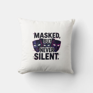 Bold Digital Art with Three Stylized Masks and "Ma Cushion
