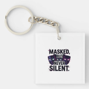 Bold Digital Art with Three Stylized Masks and "Ma Key Ring