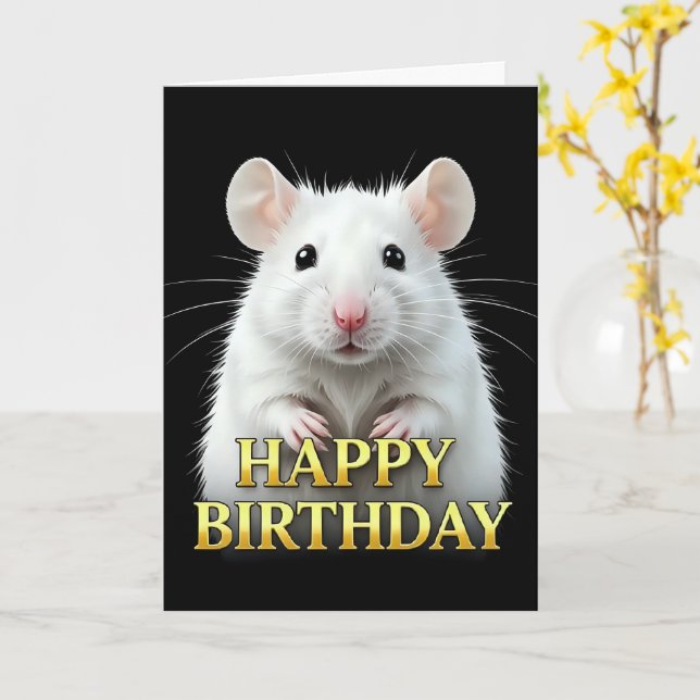 BOLD DISTINCT CLOSEUP WHITE MOUSE BIRTHDAY CARD (Yellow Flower)