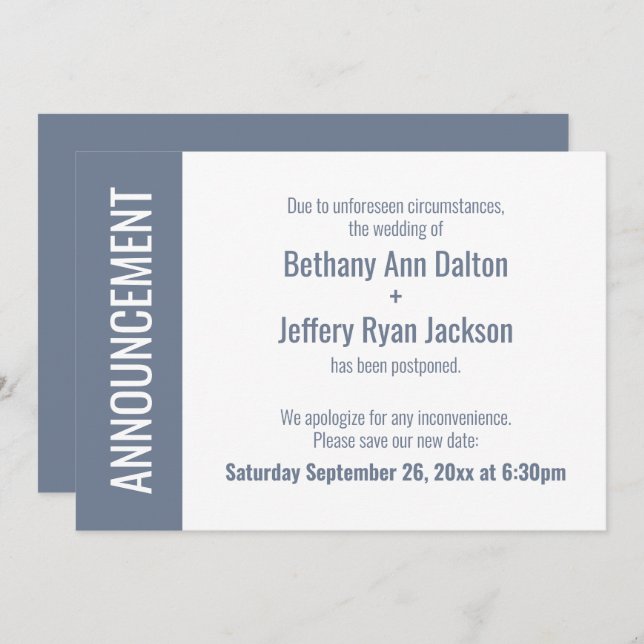 Bold Dusty Blue Postponed Wedding Announcement (Front/Back)