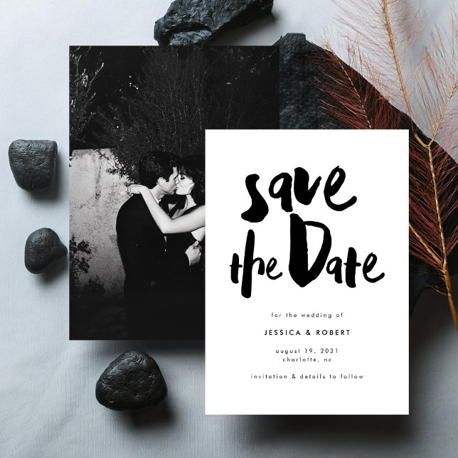 Bold Edgy Modern Black Brush Script Photo Wedding Save The Date (Creator Uploaded)