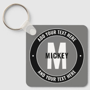 Bold Editable Text & Monogram   Black White & Grey Key Ring